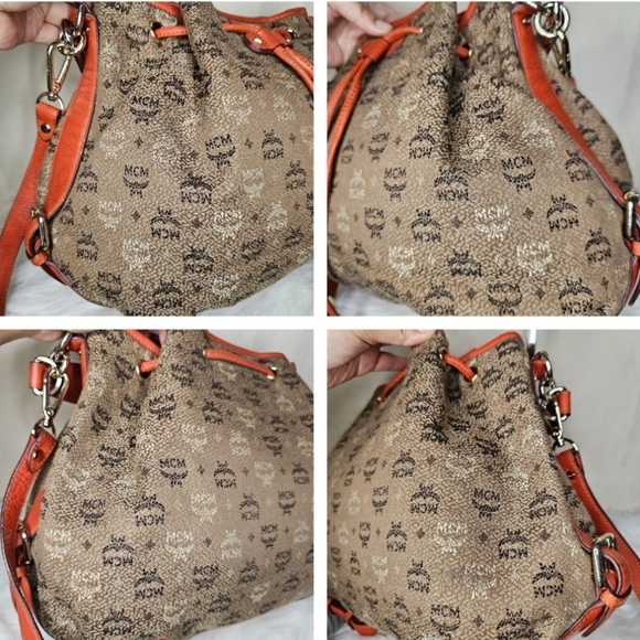🔹MCM🔹️visetos jacquard brown orange bucket Draw String  crossbody shoulder bag - Picture 6 of 12